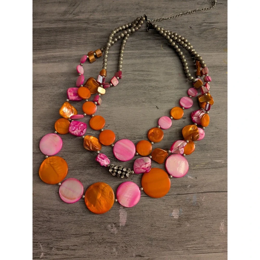 Pink Orange Shell Disc Multi Strand Statement Necklace Silver Tone Rhinestone